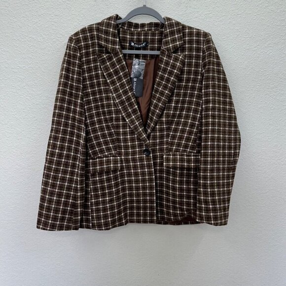 Allegra K Plaid Notched Lapel One Button Blazer Jacket Womens size Large NEW - Picture 1 of 6